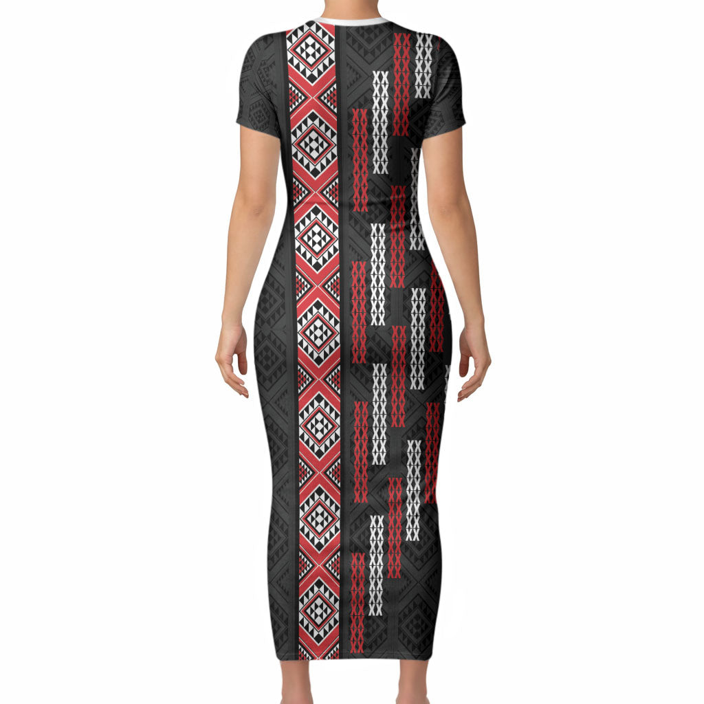 Roimata Toroa Maori Taniko Inspired New Zealand Short Sleeve Bodycon Dress LT14 - Polynesian Pride