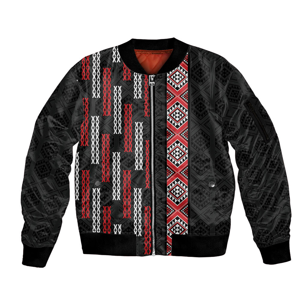 Roimata Toroa Maori Taniko Inspired New Zealand Sleeve Zip Bomber Jacket LT14 Unisex Black - Polynesian Pride
