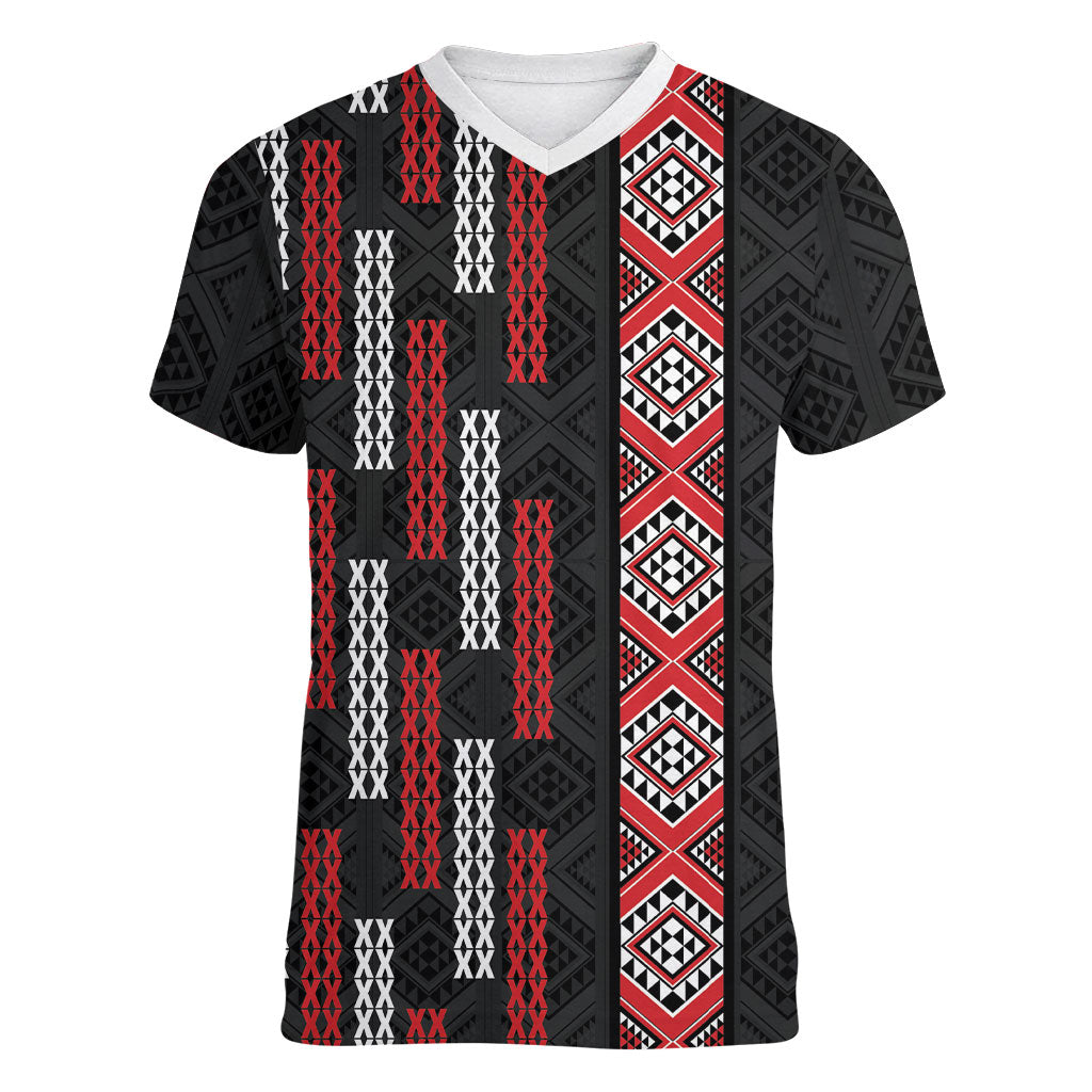 Roimata Toroa Maori Taniko Inspired New Zealand Women V-Neck T-Shirt LT14 Female Black - Polynesian Pride