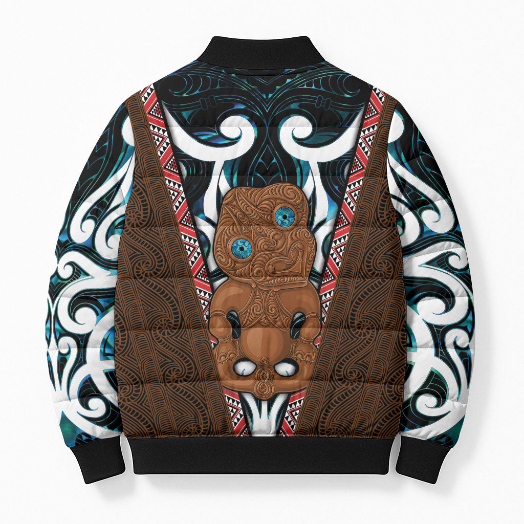 New Zealand Whakairo Bomber Puffer Jacket Tiki Maori Carving Taniko Motifs LT14 - Polynesian Pride