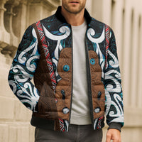 New Zealand Whakairo Bomber Puffer Jacket Tiki Maori Carving Taniko Motifs LT14 - Polynesian Pride