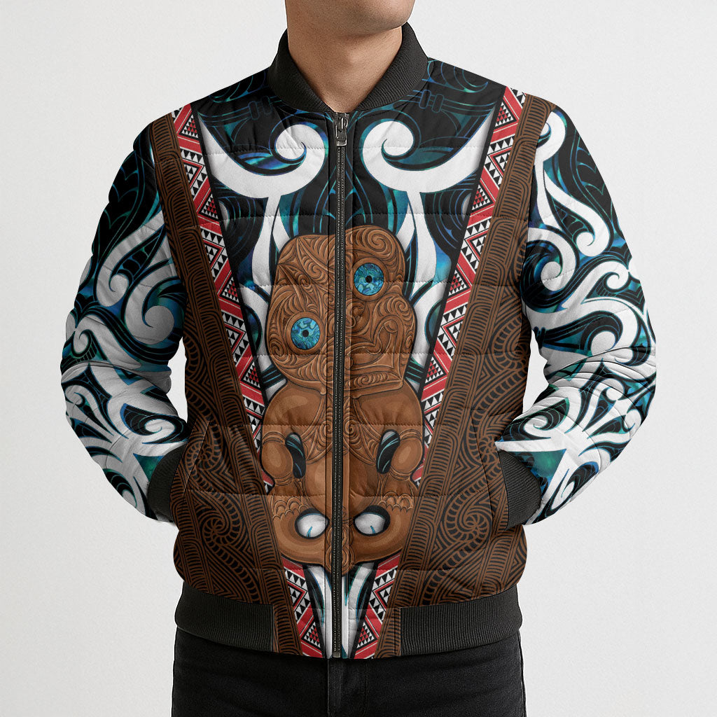 New Zealand Whakairo Bomber Puffer Jacket Tiki Maori Carving Taniko Motifs LT14 - Polynesian Pride