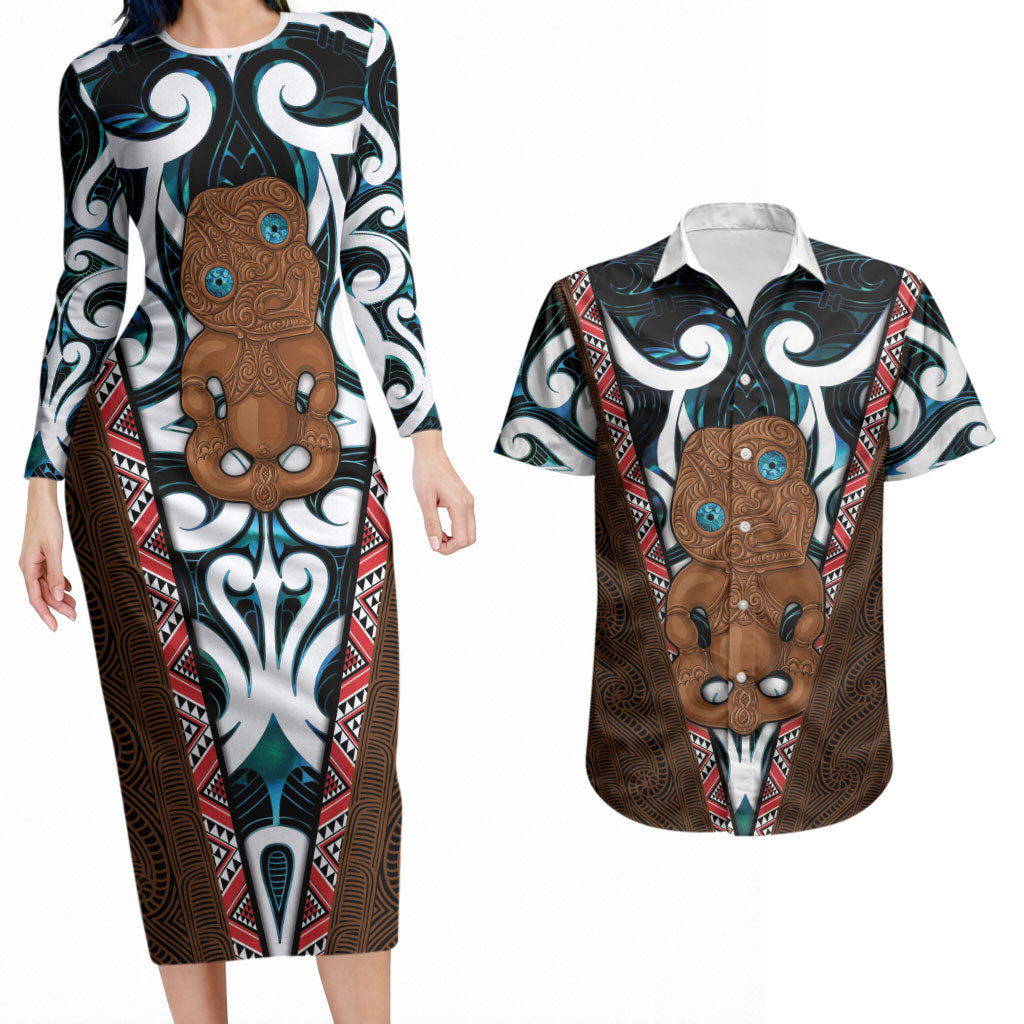 New Zealand Whakairo Couples Matching Long Sleeve Bodycon Dress and Hawaiian Shirt Tiki Maori Carving Taniko Motifs LT14 Multicolor - Polynesian Pride