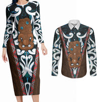 New Zealand Whakairo Couples Matching Long Sleeve Bodycon Dress and Long Sleeve Button Shirt Tiki Maori Carving Taniko Motifs LT14 Multicolor - Polynesian Pride