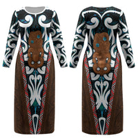 New Zealand Whakairo Couples Matching Long Sleeve Bodycon Dress and Long Sleeve Button Shirt Tiki Maori Carving Taniko Motifs LT14 - Polynesian Pride
