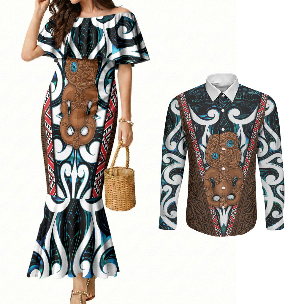 New Zealand Whakairo Couples Matching Mermaid Dress and Long Sleeve Button Shirt Tiki Maori Carving Taniko Motifs LT14 Multicolor - Polynesian Pride