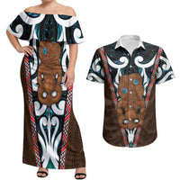 New Zealand Whakairo Couples Matching Off Shoulder Maxi Dress and Hawaiian Shirt Tiki Maori Carving Taniko Motifs LT14 Multicolor - Polynesian Pride