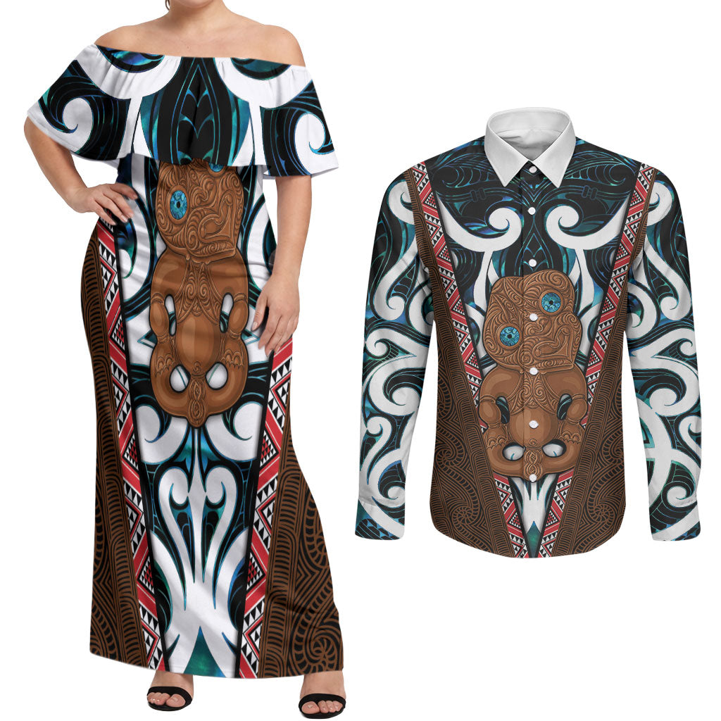 New Zealand Whakairo Couples Matching Off Shoulder Maxi Dress and Long Sleeve Button Shirt Tiki Maori Carving Taniko Motifs LT14 Multicolor - Polynesian Pride