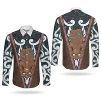 New Zealand Whakairo Couples Matching Off Shoulder Maxi Dress and Long Sleeve Button Shirt Tiki Maori Carving Taniko Motifs LT14 - Polynesian Pride