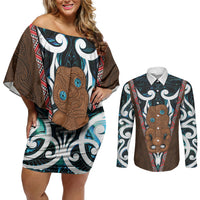 New Zealand Whakairo Couples Matching Off Shoulder Short Dress and Long Sleeve Button Shirt Tiki Maori Carving Taniko Motifs LT14 Multicolor - Polynesian Pride