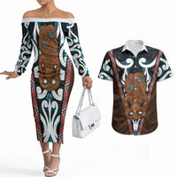 New Zealand Whakairo Couples Matching Off The Shoulder Long Sleeve Dress and Hawaiian Shirt Tiki Maori Carving Taniko Motifs LT14 Multicolor - Polynesian Pride