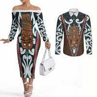 New Zealand Whakairo Couples Matching Off The Shoulder Long Sleeve Dress and Long Sleeve Button Shirt Tiki Maori Carving Taniko Motifs LT14 Multicolor - Polynesian Pride