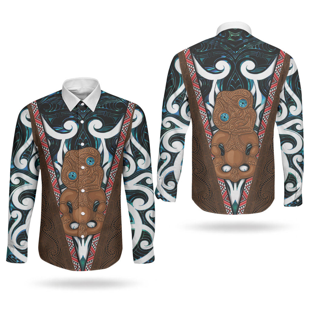 New Zealand Whakairo Couples Matching Off The Shoulder Long Sleeve Dress and Long Sleeve Button Shirt Tiki Maori Carving Taniko Motifs LT14 - Polynesian Pride
