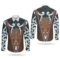 New Zealand Whakairo Couples Matching Off The Shoulder Long Sleeve Dress and Long Sleeve Button Shirt Tiki Maori Carving Taniko Motifs LT14 - Polynesian Pride