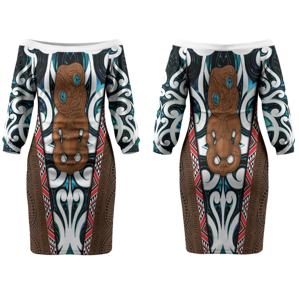 New Zealand Whakairo Couples Matching Off The Shoulder Long Sleeve Dress and Long Sleeve Button Shirt Tiki Maori Carving Taniko Motifs LT14 - Polynesian Pride