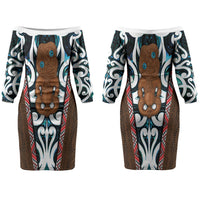 New Zealand Whakairo Couples Matching Off The Shoulder Long Sleeve Dress and Long Sleeve Button Shirt Tiki Maori Carving Taniko Motifs LT14 - Polynesian Pride
