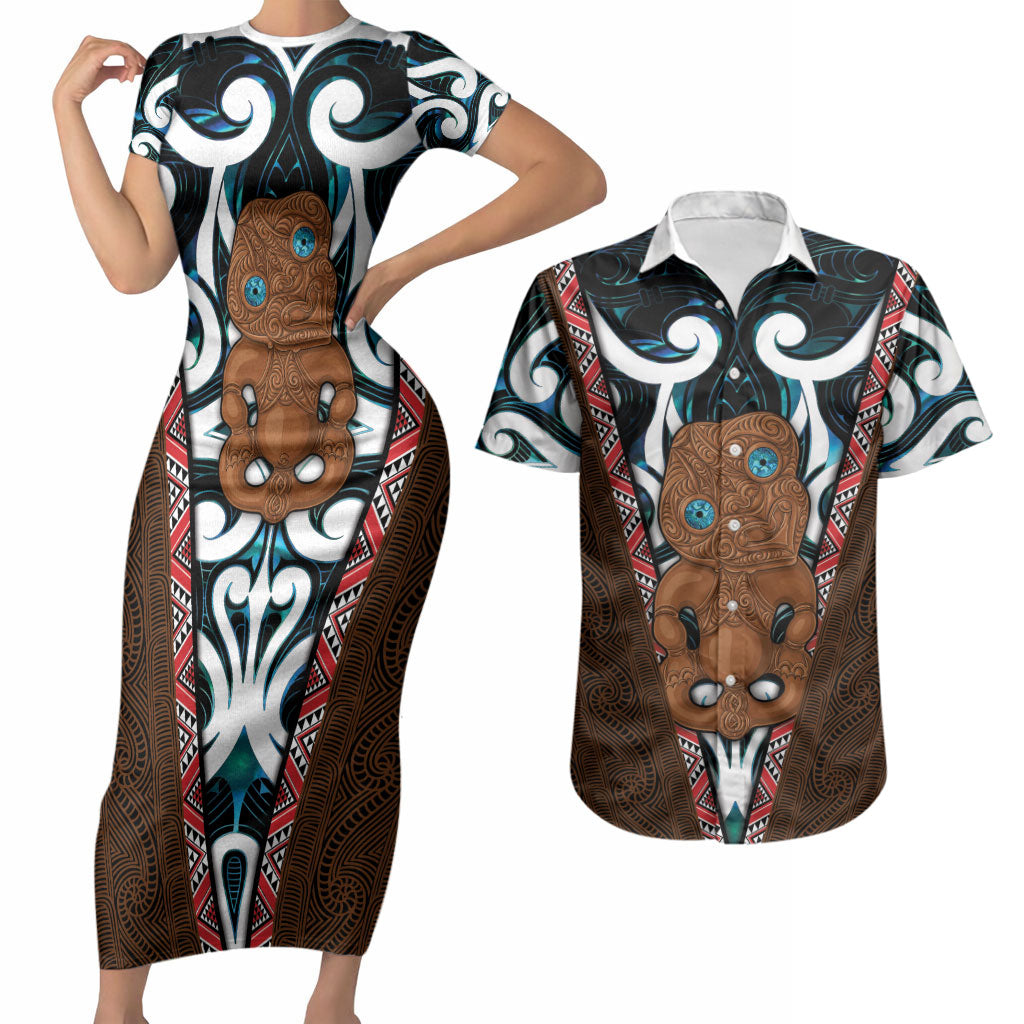 New Zealand Whakairo Couples Matching Short Sleeve Bodycon Dress and Hawaiian Shirt Tiki Maori Carving Taniko Motifs LT14 Multicolor - Polynesian Pride