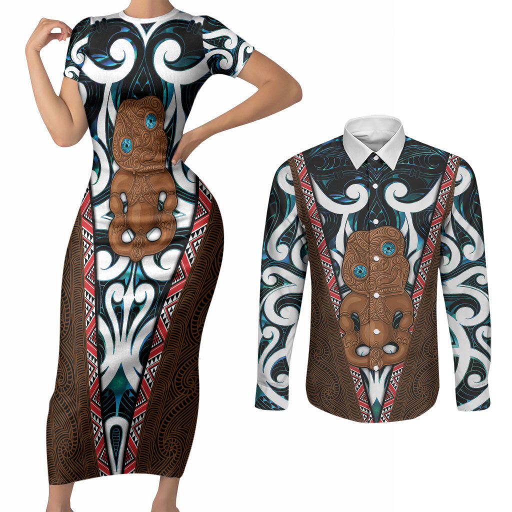New Zealand Whakairo Couples Matching Short Sleeve Bodycon Dress and Long Sleeve Button Shirt Tiki Maori Carving Taniko Motifs LT14 Multicolor - Polynesian Pride