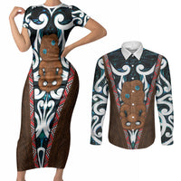 New Zealand Whakairo Couples Matching Short Sleeve Bodycon Dress and Long Sleeve Button Shirt Tiki Maori Carving Taniko Motifs LT14 Multicolor - Polynesian Pride
