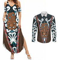 New Zealand Whakairo Couples Matching Summer Maxi Dress and Long Sleeve Button Shirt Tiki Maori Carving Taniko Motifs LT14 Multicolor - Polynesian Pride