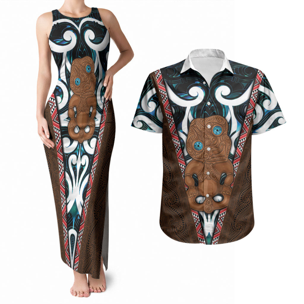 New Zealand Whakairo Couples Matching Tank Maxi Dress and Hawaiian Shirt Tiki Maori Carving Taniko Motifs LT14 Multicolor - Polynesian Pride