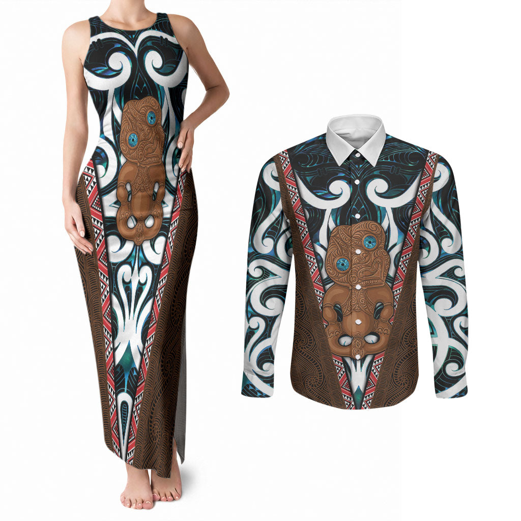 New Zealand Whakairo Couples Matching Tank Maxi Dress and Long Sleeve Button Shirt Tiki Maori Carving Taniko Motifs LT14 Multicolor - Polynesian Pride