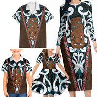 New Zealand Whakairo Family Matching Long Sleeve Bodycon Dress and Hawaiian Shirt Tiki Maori Carving Taniko Motifs LT14 - Polynesian Pride