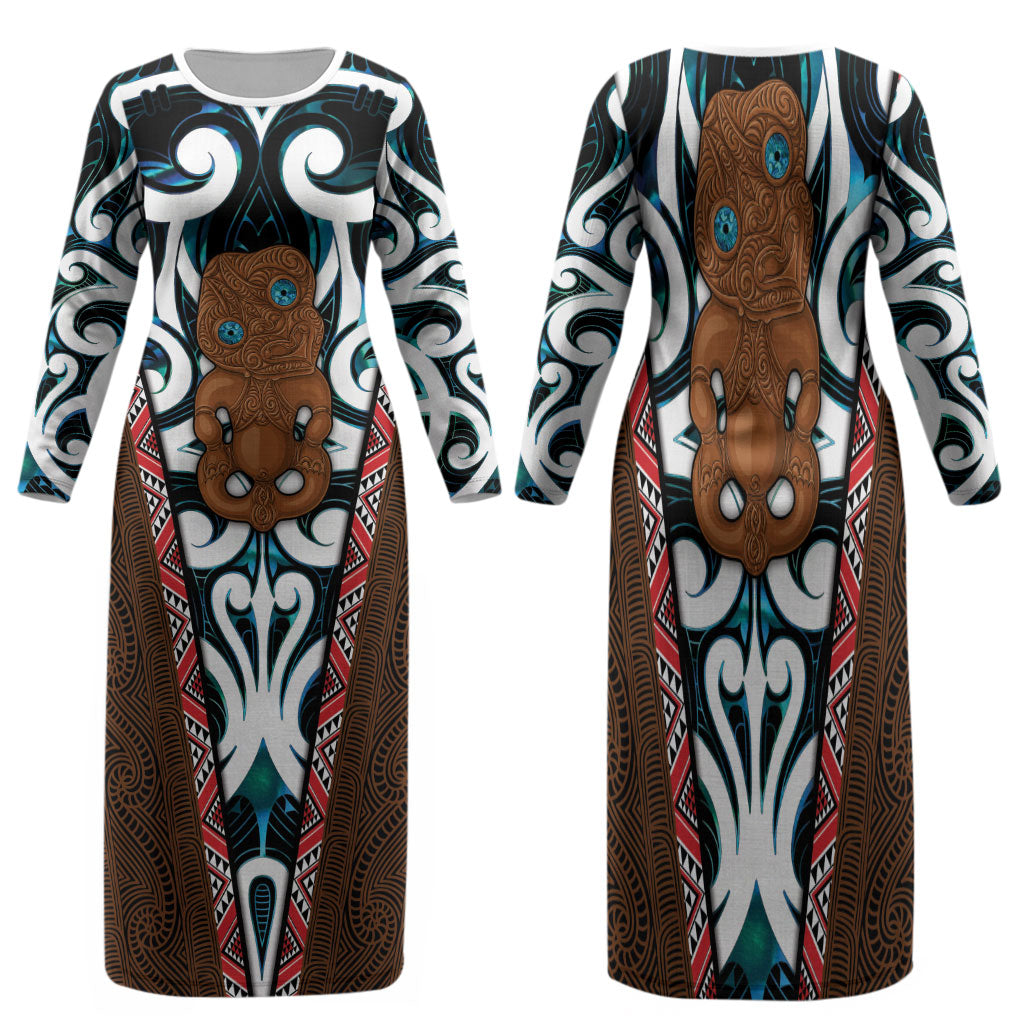 New Zealand Whakairo Family Matching Long Sleeve Bodycon Dress and Hawaiian Shirt Tiki Maori Carving Taniko Motifs LT14 Mom's Dress Multicolor - Polynesian Pride