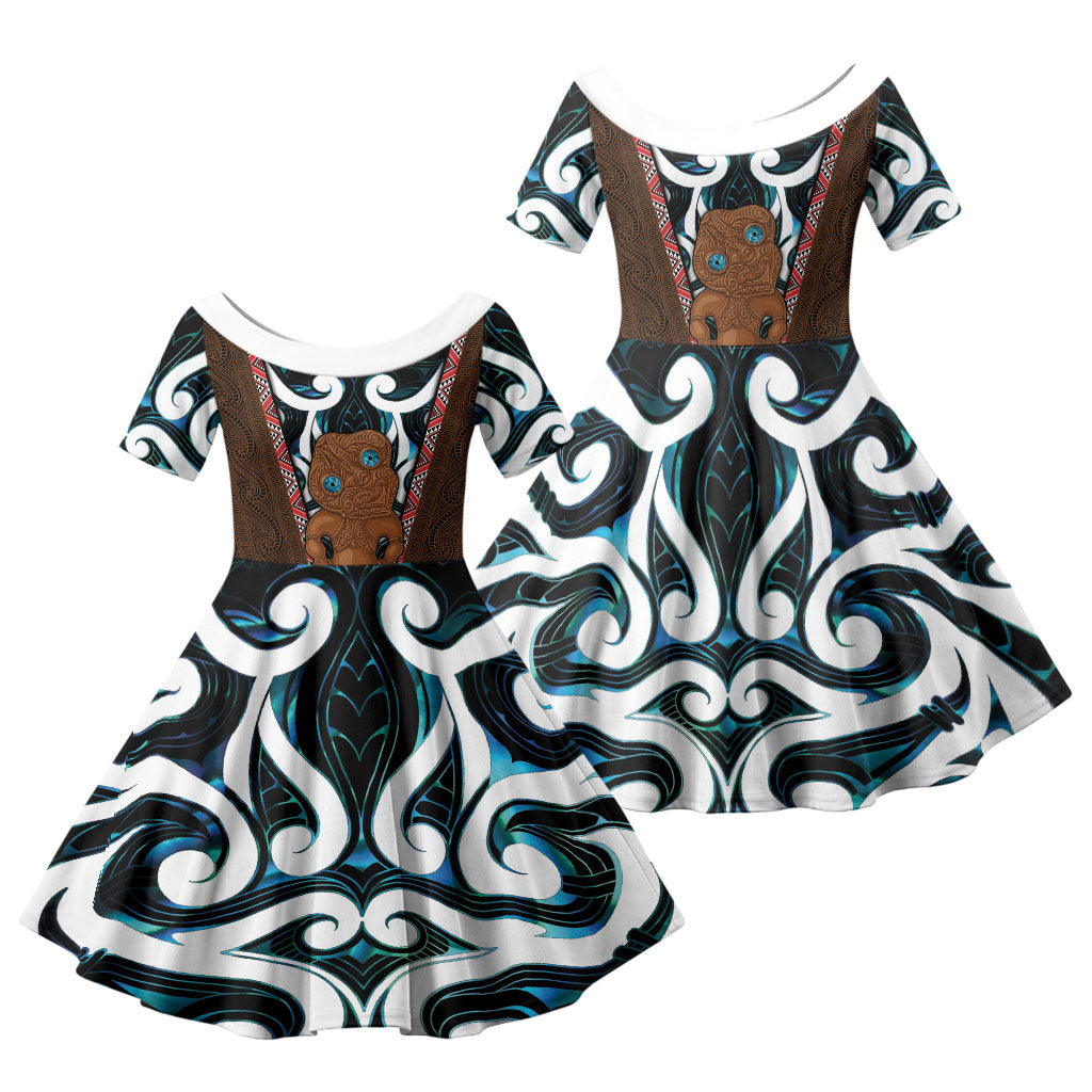New Zealand Whakairo Family Matching Long Sleeve Bodycon Dress and Hawaiian Shirt Tiki Maori Carving Taniko Motifs LT14 Daughter's Dress Multicolor - Polynesian Pride