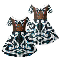 New Zealand Whakairo Family Matching Off Shoulder Short Dress and Hawaiian Shirt Tiki Maori Carving Taniko Motifs LT14 Daughter's Dress Multicolor - Polynesian Pride