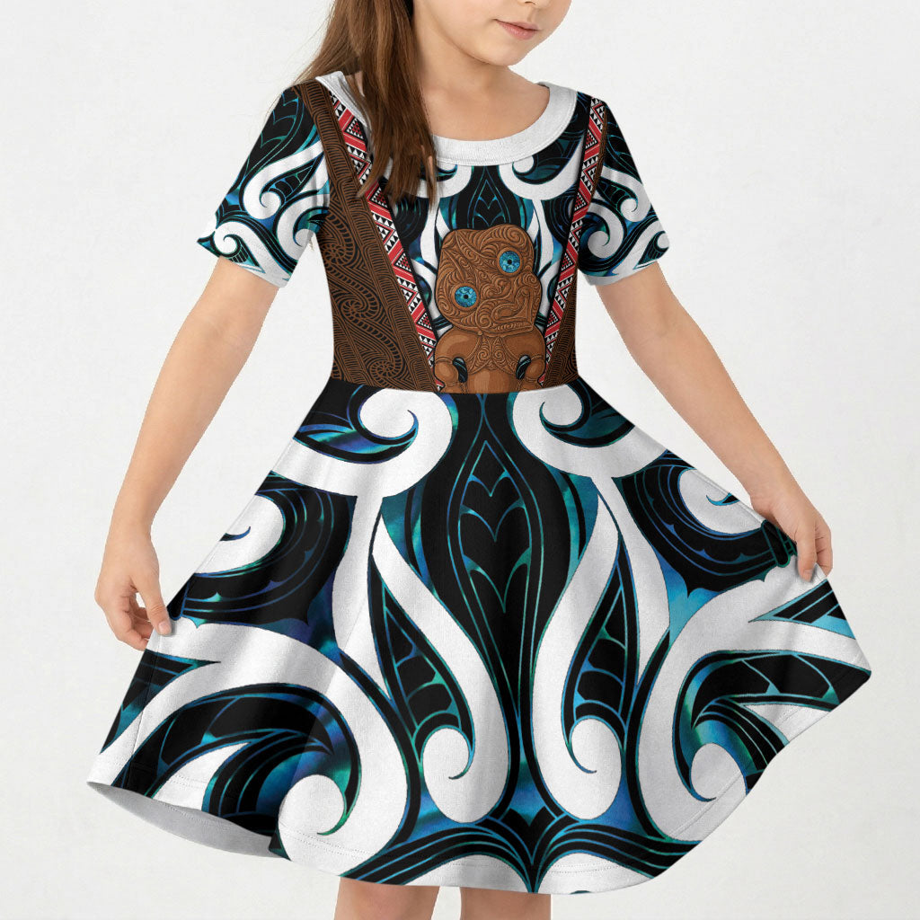 New Zealand Whakairo Kid Short Sleeve Dress Tiki Maori Carving Taniko Motifs LT14 KID Multicolor - Polynesian Pride