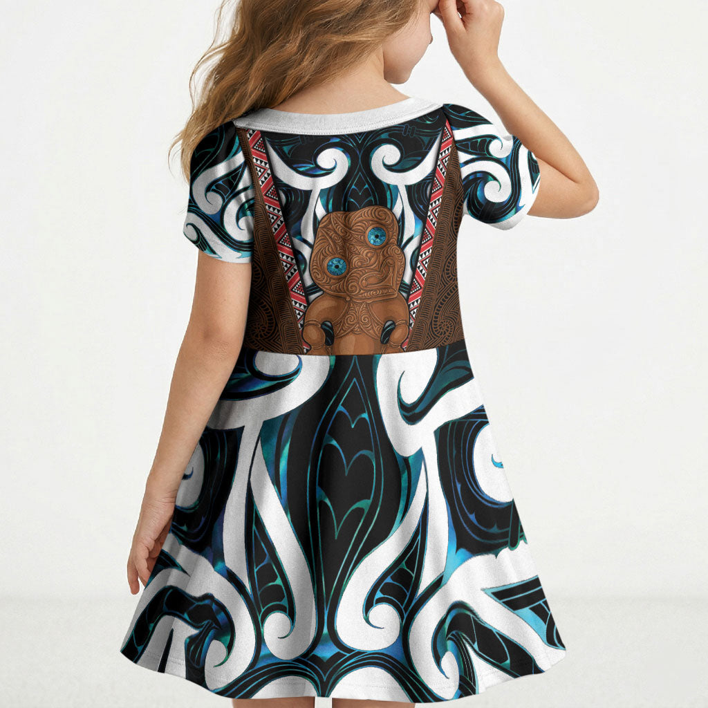 New Zealand Whakairo Kid Short Sleeve Dress Tiki Maori Carving Taniko Motifs LT14 - Polynesian Pride