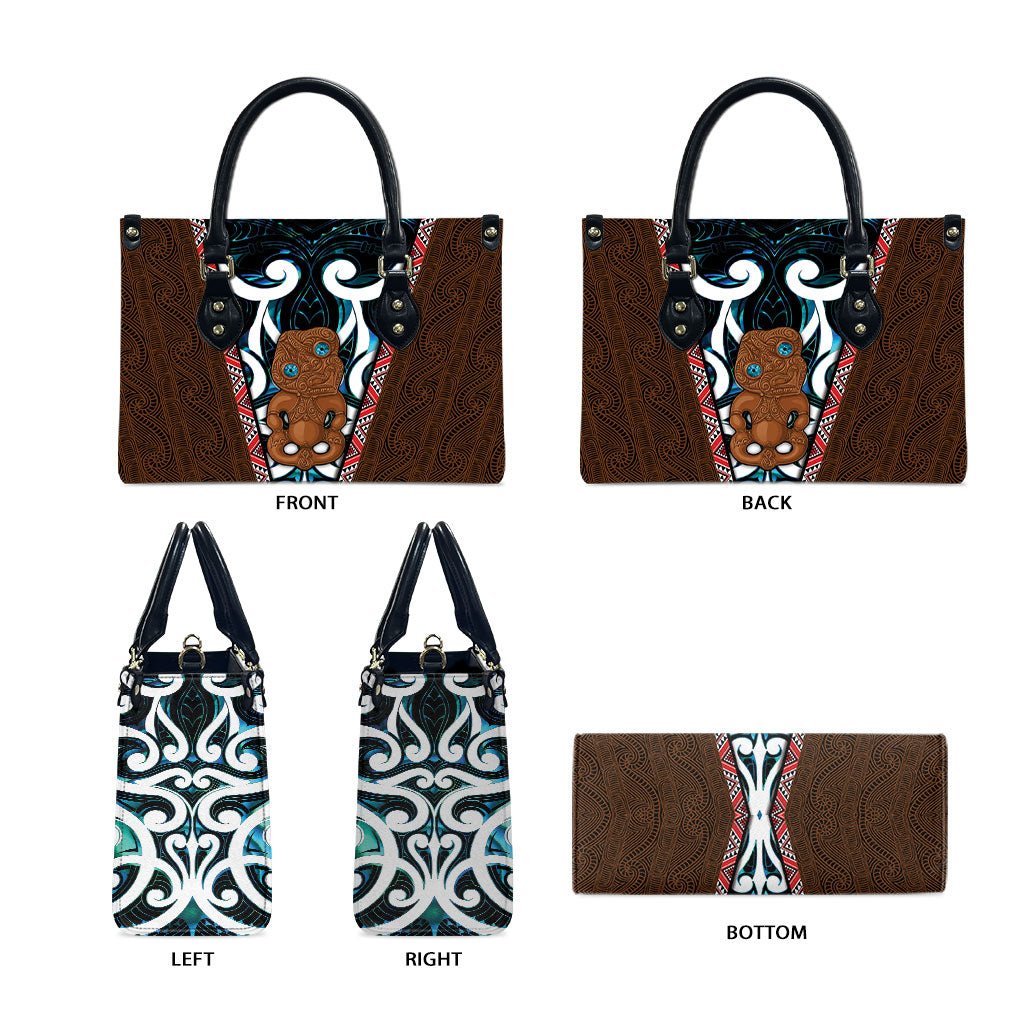 New Zealand Whakairo Leather Bag Tiki Maori Carving Taniko Motifs LT14 - Polynesian Pride