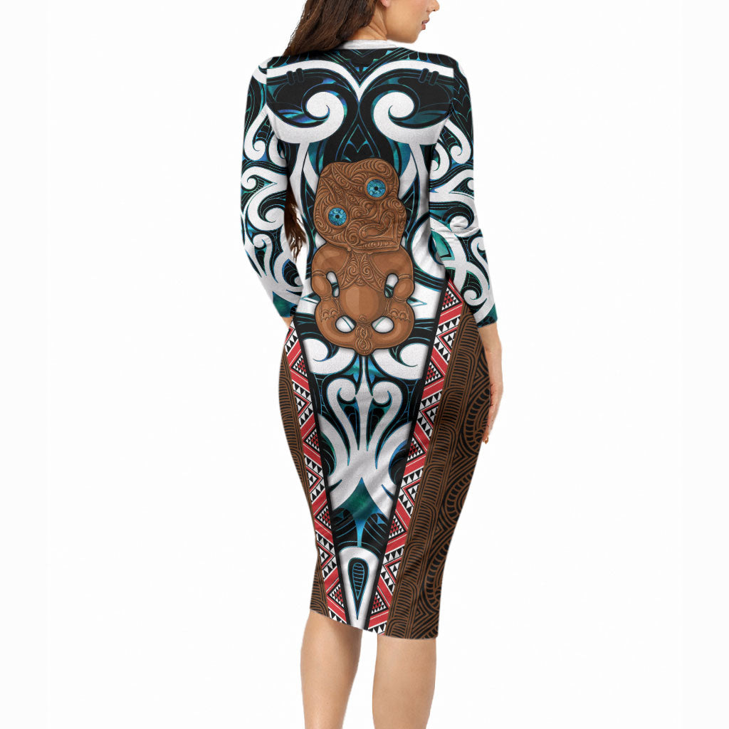 New Zealand Whakairo Long Sleeve Bodycon Dress Tiki Maori Carving Taniko Motifs LT14 - Polynesian Pride