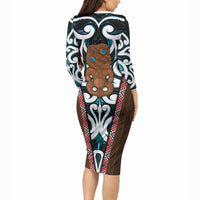 New Zealand Whakairo Long Sleeve Bodycon Dress Tiki Maori Carving Taniko Motifs LT14 - Polynesian Pride