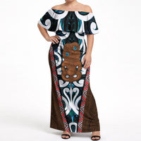 New Zealand Whakairo Off Shoulder Maxi Dress Tiki Maori Carving Taniko Motifs LT14 Women Multicolor - Polynesian Pride