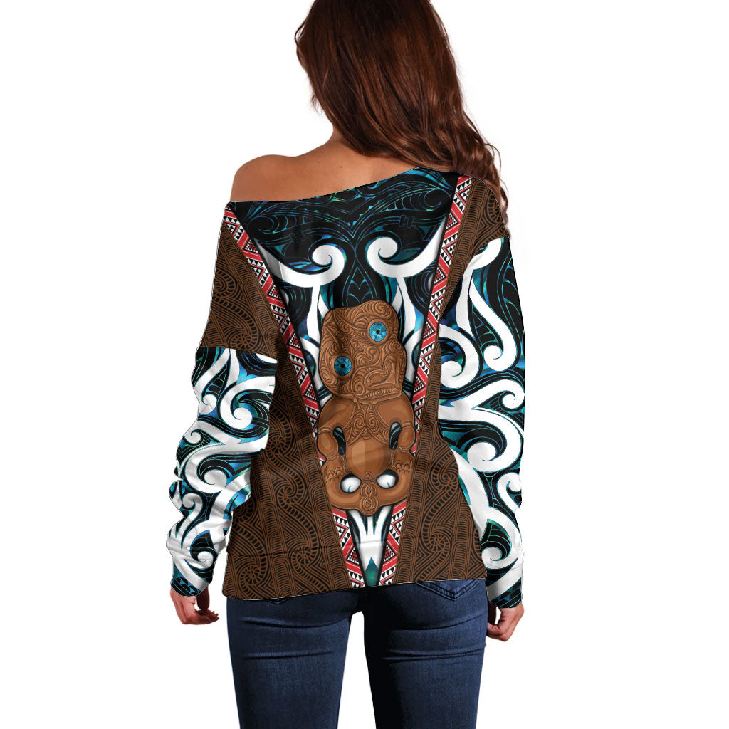 New Zealand Whakairo Off Shoulder Sweater Tiki Maori Carving Taniko Motifs LT14 - Polynesian Pride