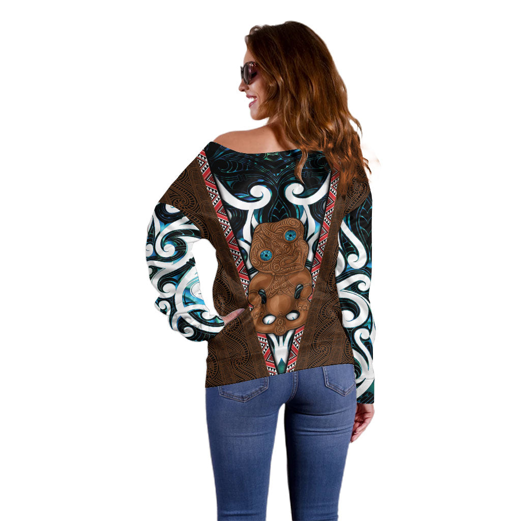 New Zealand Whakairo Off Shoulder Sweater Tiki Maori Carving Taniko Motifs LT14 - Polynesian Pride