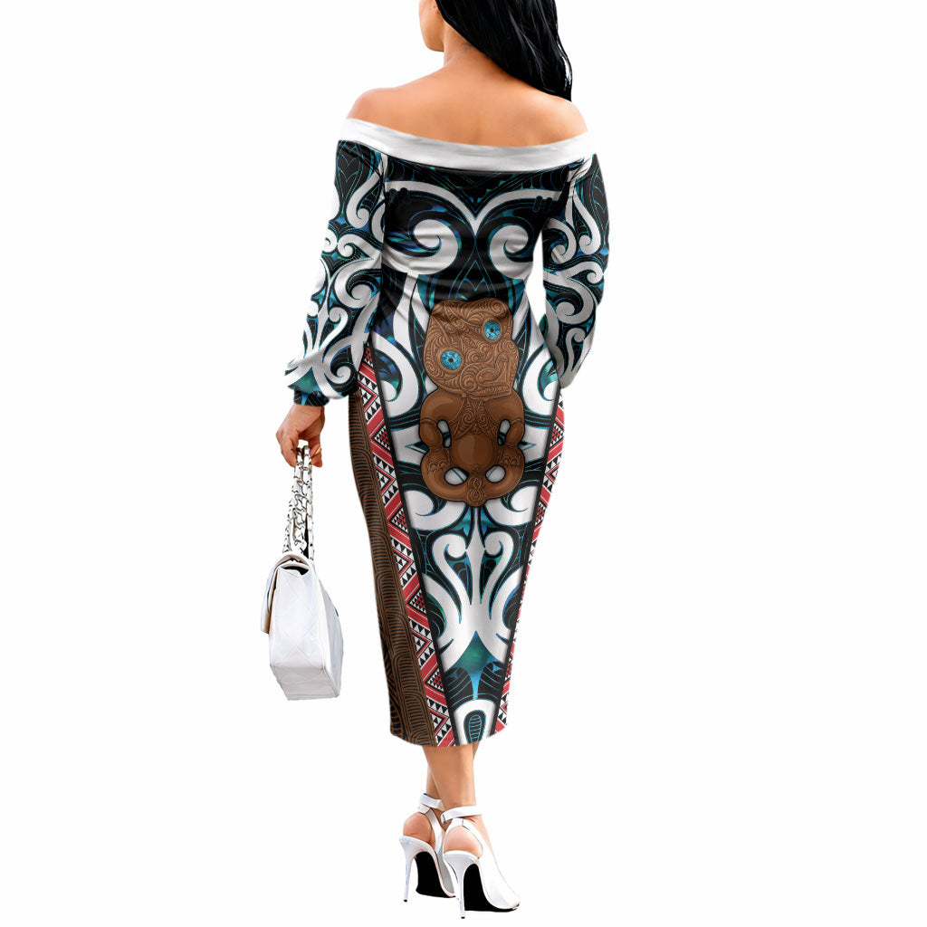 New Zealand Whakairo Off The Shoulder Long Sleeve Dress Tiki Maori Carving Taniko Motifs LT14 - Polynesian Pride