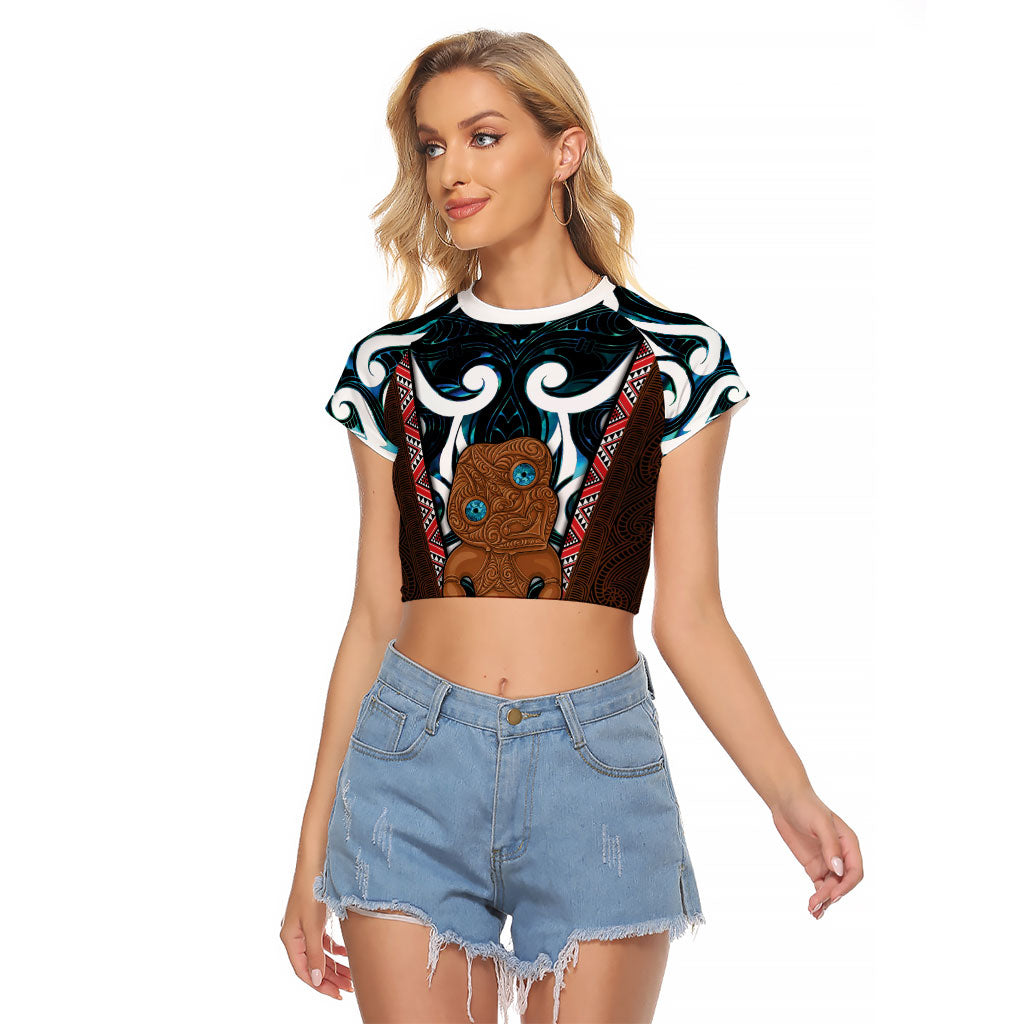 New Zealand Whakairo Raglan Cropped T Shirt Tiki Maori Carving Taniko Motifs LT14 Female Multicolor - Polynesian Pride