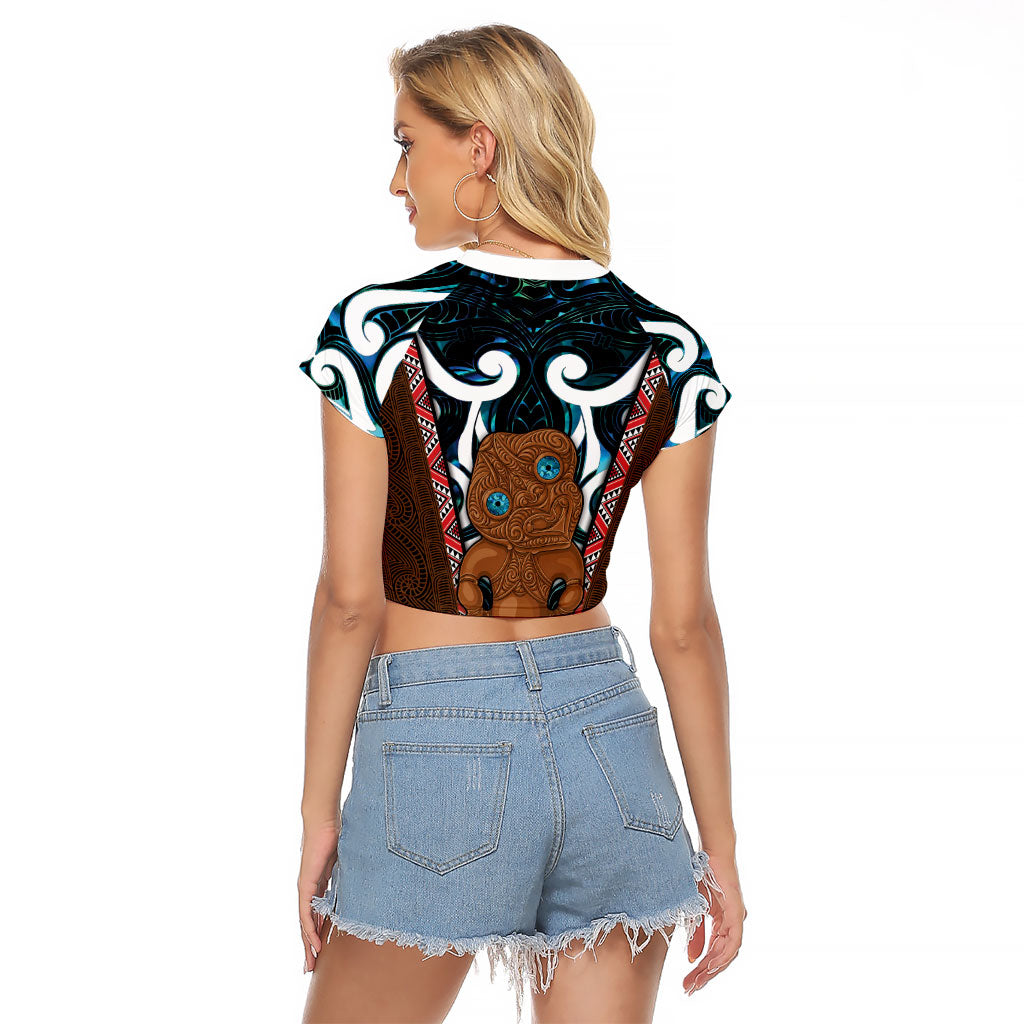 New Zealand Whakairo Raglan Cropped T Shirt Tiki Maori Carving Taniko Motifs LT14 - Polynesian Pride