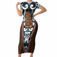New Zealand Whakairo Short Sleeve Bodycon Dress Tiki Maori Carving Taniko Motifs LT14 Long Dress Multicolor - Polynesian Pride
