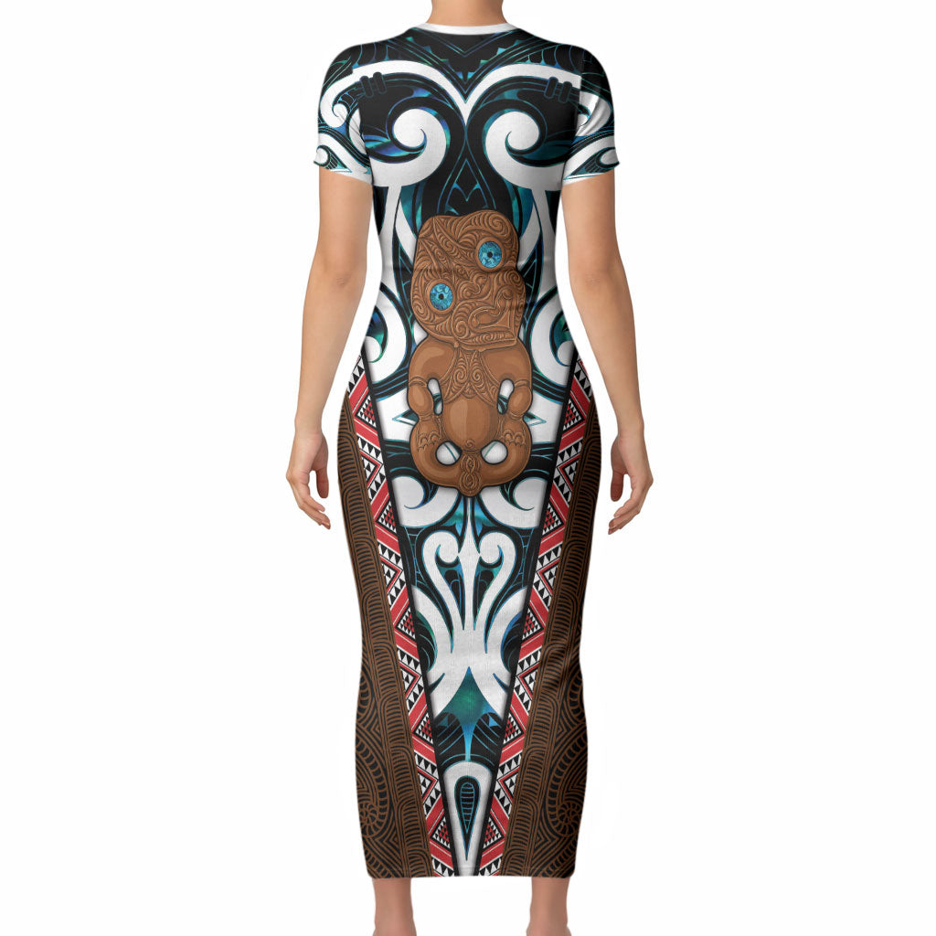 New Zealand Whakairo Short Sleeve Bodycon Dress Tiki Maori Carving Taniko Motifs LT14 - Polynesian Pride