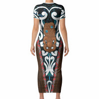 New Zealand Whakairo Short Sleeve Bodycon Dress Tiki Maori Carving Taniko Motifs LT14 - Polynesian Pride