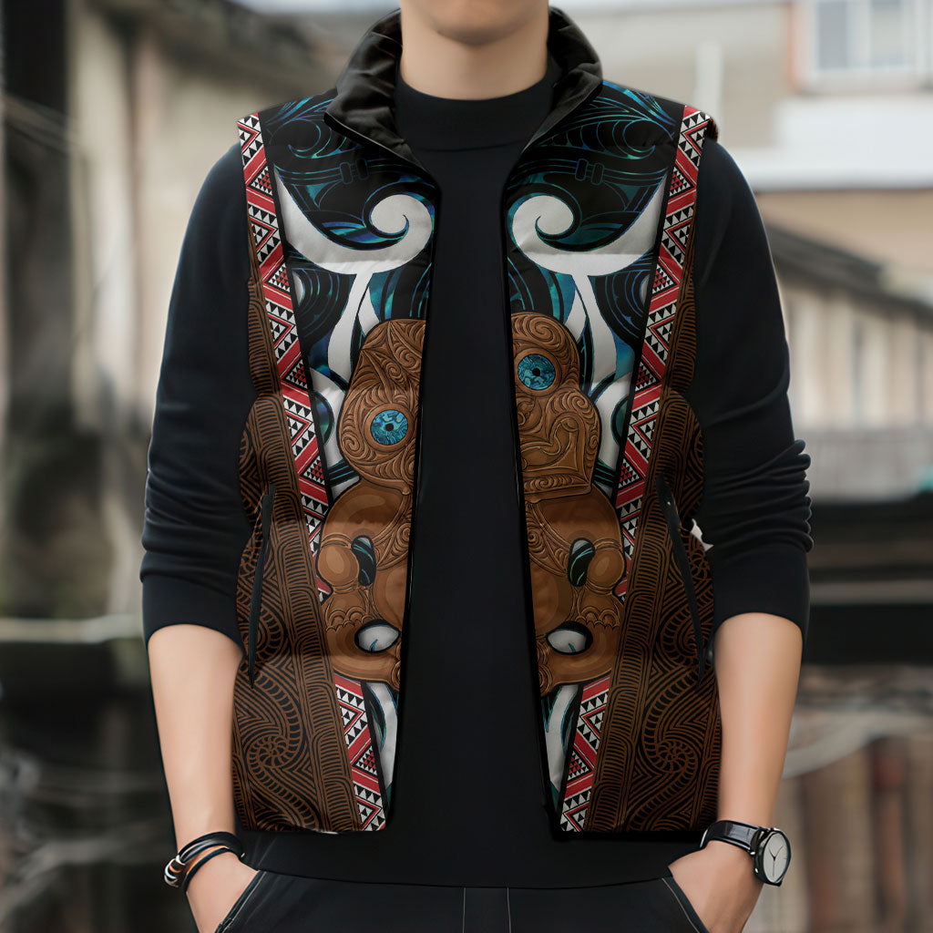 New Zealand Whakairo Sleeveless Puffer Jacket Tiki Maori Carving Taniko Motifs LT14 - Polynesian Pride