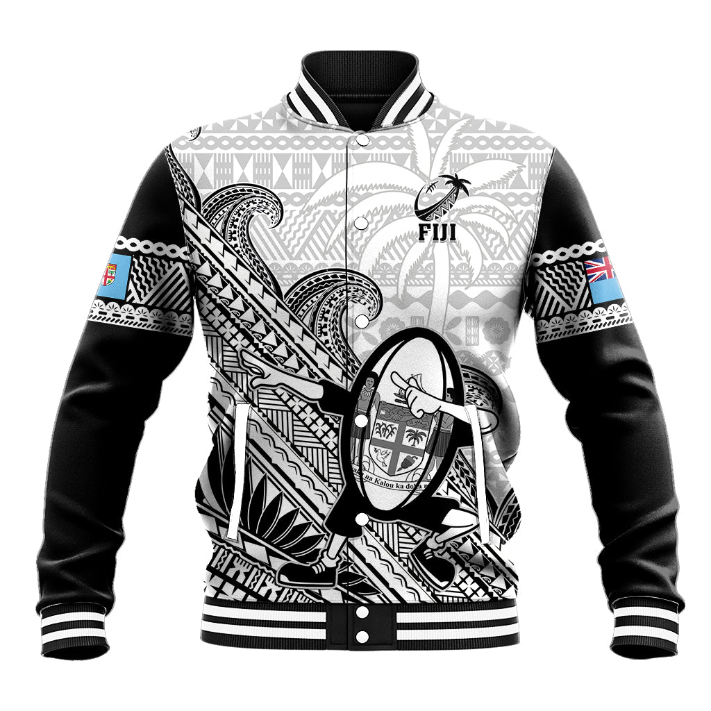 Fiji Tapa Rugby Baseball Jacket Flying Fijian 2023 World Cup With Dabbing Ball LT14 Unisex White - Polynesian Pride