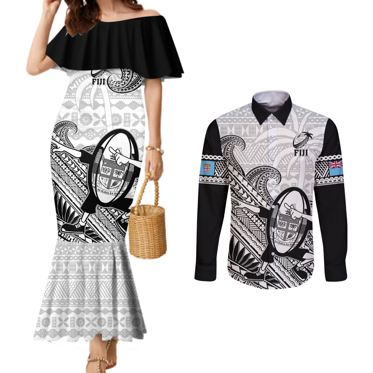 Fiji Tapa Rugby Couples Matching Mermaid Dress and Long Sleeve Button Shirts Flying Fijian 2023 World Cup With Dabbing Ball LT14 White - Polynesian Pride
