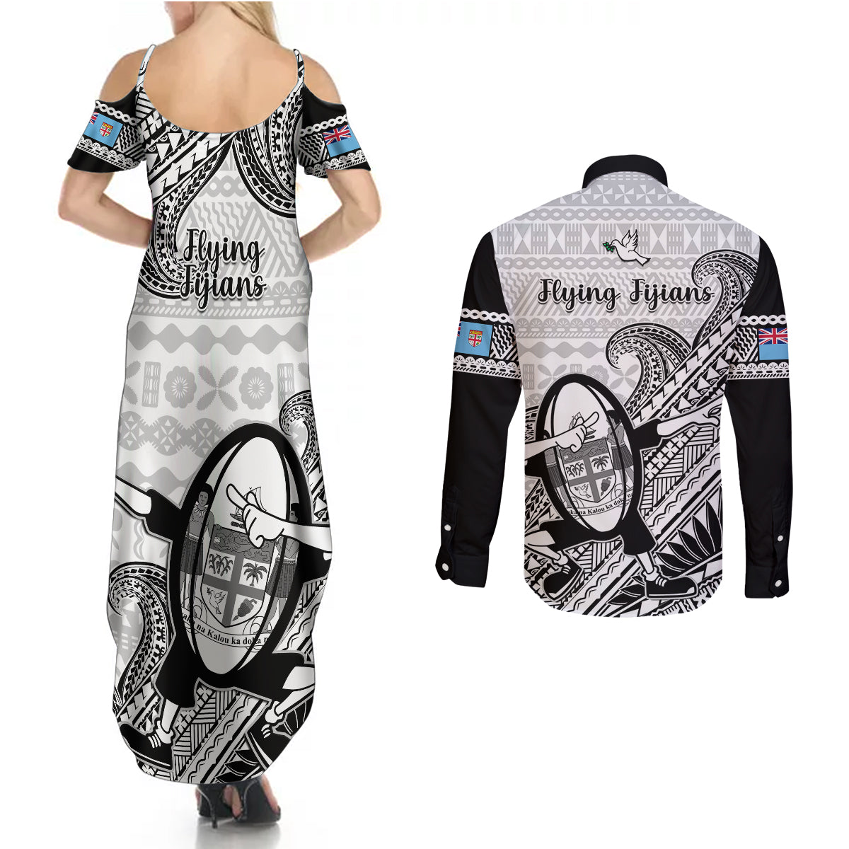 Fiji Tapa Rugby Couples Matching Summer Maxi Dress and Long Sleeve Button Shirts Flying Fijian 2023 World Cup With Dabbing Ball LT14 - Polynesian Pride