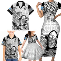 Fiji Tapa Rugby Family Matching Short Sleeve Bodycon Dress and Hawaiian Shirt Flying Fijian 2023 World Cup With Dabbing Ball LT14 - Polynesian Pride