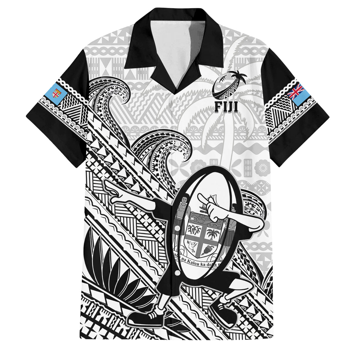 Fiji Tapa Rugby Family Matching Summer Maxi Dress and Hawaiian Shirt Flying Fijian 2023 World Cup With Dabbing Ball LT14 Dad's Shirt - Short Sleeve White - Polynesian Pride